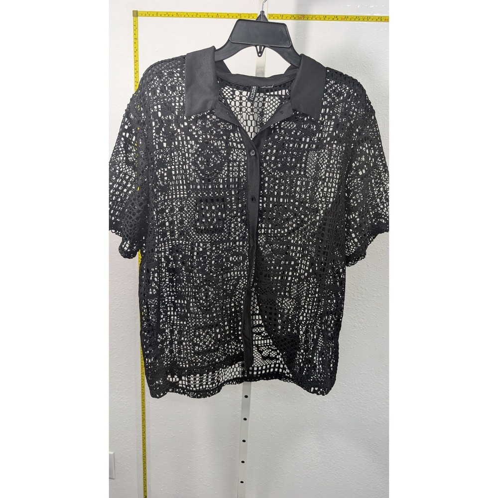 H&M Divided Mens Black Crochet Lace Button Down Shirt Short Sleeve Sheer Top